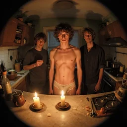 cute kitchen dim lit by a candle ripped physique simon stalenhag gerald brom bastien grivet by greg rutkowski and peter chan portrait game background fisheye lens day of the tentacle
