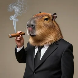 an antropomorphic capybara wearing a suit smoking a cigar