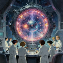 oil sci fi painting of a group of scientist working on a time machine stargate portal, energy sparks, with lab coats, in a futuristic cyber laboratory, octane rendering, trending on artstation, by, studio ghibli, michael whealan and james gurney