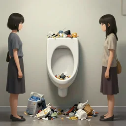full view, from a distance, of anthropomorphic urinal who is marcel duchamp, full of trash, style of yoshii chie and hikari shimoda and martine johanna, digital art, highly detailed