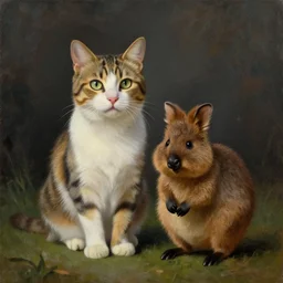 portrait painting of cat and quokka in the style of american gothic