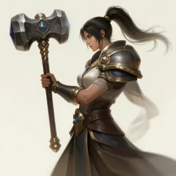 a league of legends concept art of a warrior with a hammer like weapon, style by jordan grimmer and greg rutkowski, side view, ponytail, elegant, sharp focus, morandi color scheme, illustration, high quality, highly detailed, digital art, 4 k wallpaper, hyperrealism