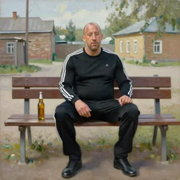vin diesel in a [ black sport adidas costume ] sits on a bench with a bottle of beer in the courtyard of a provincial russian town, oil on canvas, naturalism q