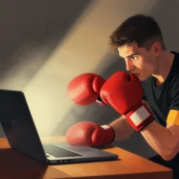 editorial illustration by karolis strautniekas and mads berg, boxing glove punching a laptop screen, very light fog, red black yellow orange, fine texture, detailed, muted colors, film noir, dramatic lighting, dynamic composition, vivid, matte print, wide angle, ( ( sunbeams ) ), moody
