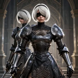 2 b from nier automata wearing knight armor in a castle 3 d render, insanely super detailed, realistic octane render, 1 6 k, detailed in front of an intricate background. art by james merry, micro detail, backlit lighting, trending on cgsociety