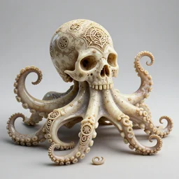 ornately carved rococo human skull octopus hybrid, delicate detailed scrimshaw pattern of occult symbols and fractal geometry, tentacles, octane render 4 k, bone and ivory, waxy