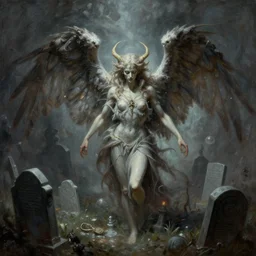 a graveyard of fallen angels in hell, Fantasy painting, Greg Rutkowski