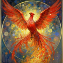 the solarpunk phoenix, red bird, volumetric light, bokeh, painting by greg rutkowski by alphonse mucha