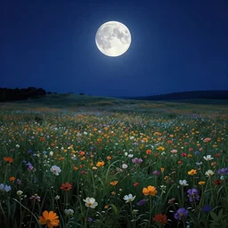 field of flowers at night, lit by moonlight, landscape art by donato giancola and greg rutkowski, digital art, trending on artstation, symmetry!!, volumetric lighting