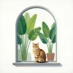 gouache painting of a single cat and several tropical plants sitting in a single arched window, white background, midcentury modern