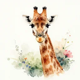 watercolor portrait of a giraffe, beautiful, flowers, ink and paint