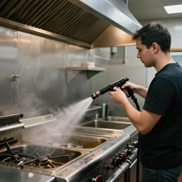 a man standing in a restaurant kitchen, he is by the fryers and using a pressure washer to spray wash the exhaust duct that is overhead and above the fryer vat, canon eos c 3 0 0, ƒ 1. 8, 3 5 mm, 8 k, medium - format print