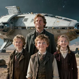 sharp, highly detailed, film from a blockbuster sci fi 4 k color movie, set in 1 8 6 0, family standing in front of a crashed spaceship, on a alien planet, looking happy, wearing 1 8 5 0 s era clothes, atmospheric lighting, in focus, reflective eyes, 3 5 mm macro lens, live action, nice composition, good photography, real faces