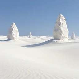 Landscape, white desert, white sand, white dunes, white monoliths. Fantasy, digital painting, HD, 4k, detailed.