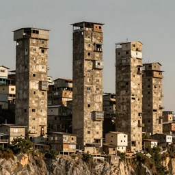 high towers made up of soft - coloured concrete makeshift squatter shacks, suspended over a cliff, mamiya, uniform plain sky, fine details, photographed by michael wolf