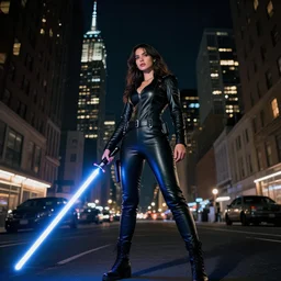 “wide angle photo of a girl in tight leather clothes holding a lightsaber in New York City, night, cinematic 8K”