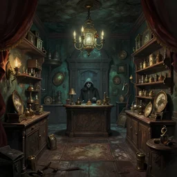 inside a spooky lovecraft themed antique store, digital art, trending artstation