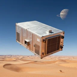 a boxy! spacecraft!! flying over a desert landscape! on another planet!!!, by robert mccall