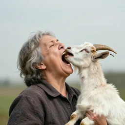 a bizarre image of an old woman opening her mouth extremely wide and swallowing a whole goat