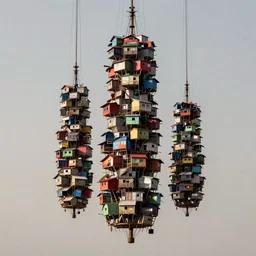 giant suspended towers made up of colourful makeshift squatter shacks, mamiya, uniform plain sky, fine details, minimalist, photographed by frans lanting
