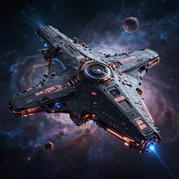 a physical based rendering of a single massive black starship with glowing engraved neon inscriptions and floating in an cosmic nebulae, huge structure, mechanics, electron flow, metal, light effect, 3 d render, in the style of christophe vacher and sparth juan gregory crewdson and simon stalenhag paul pepera pablo roldan, 4 k hd, hyper detailed