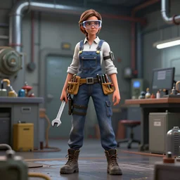 highly detailed full body character art of a female engineer wearing overalls, goggles, toolbelt, holding a wrench, serious, concentrated, industrial aesthetic, full body, highly detailed, photo realistic, technical atmosphere, 8K, octane render, unreal engine