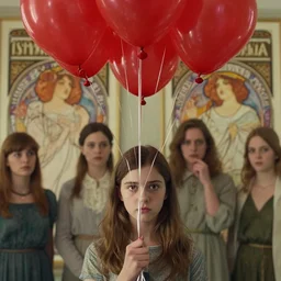 close up photo by todd solondz of a shy young girl facing the camera with a quizzical expression holding dozens of red balloons by their strings, todd solondz, alphonse mucha, rhads, rebecca guay, artstation, artgerm, octane render