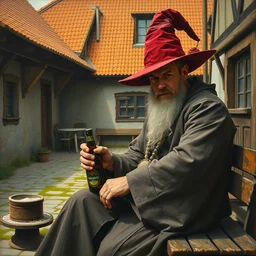 vin diesel in wizard robes, wearing a wizard hat, sitting on a bench with a bottle of beer in the courtyard of a provincial russian town, intricate, oil on canvas, naturalism