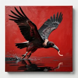 canvas coated with red paint, black stripes, vulture flying out of water, intestines in beak, matte paint, alberto seveso