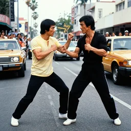 bruce lee in a street fight with quentin tarantino on hollywood boulevard in the middle of traffic, hyperreal, onlookers, in style style of kill bill