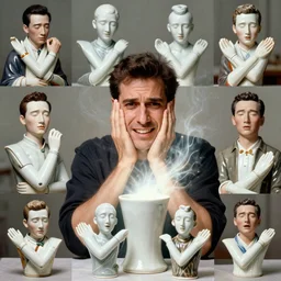8 k portrait photo of a man looking at the camera, he is secretly made of porcelain and is in pain but has a smile emitting aura, 1 9 6 0, life magazine photo, natural colors, metropolitan museum, kodak, 8 k, very detailed, high resolution, product photo,