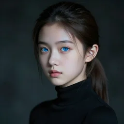 a photorealistic hyperrealistic, bright blue eyes, light asian young girl, ponytail hair, flawless face, asian eyes, cute face, black turtle neck shirt, by wlop, artgerm, greg rutwoski, alphonse mucha, beautiful dynamic dramatic low - light moody lighting, cinematic atmosphere, artstation, concept design art, octane render, 8 k