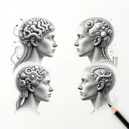 symmetry! portrait of multiple human silhouettes meeting, humans scientific bits of intelligence, mooc, organic and intricate, elegant, highly detailed, concept art, smooth lines, sharp focus, illustration, shadows, penned with thin colored pencils on white, 8 k