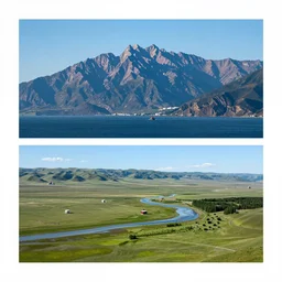 two completely different landscapes, professional photography, mountains, ocean, river, grassland, forest