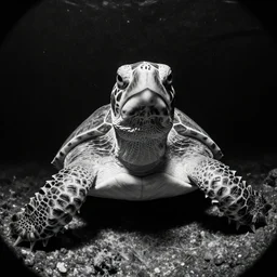 fish eye footage of a skeleton turtle with a human face looking at us, black and white night