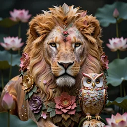 portrait of a majestic floral lion near a lotus pond, ornate lion, floral owl, flower petals, female lion, full face portrait, centered, symmetrical face, atmospheric lighting, floral design, intricate, volumetric lighting, concept art, sharp focus, ultra detailed, concept art by marc simonetti and dan mumford. trending on cgsociety