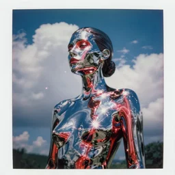 analog polaroid photograph of a chrome female, sheen, red reflections, unreal engine, azure sky, big clouds visible, sunlight, reflection, sparkles, lensflare, film grain, depth of field, color bleed