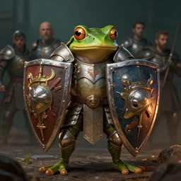 a frog knight, holding up a large shield, battle armor, atmospheric lighting painted intricate volumetric lighting, beautiful, sharp focus, ultra detailed by leesha hannigan, ross tran, thierry doizon, kai carpenter, ignacio fernandez rios