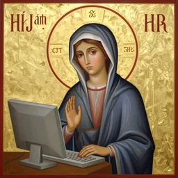 an orthodox christian icon of a girl saint with a computer!