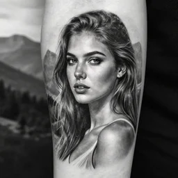 a beautiful girl faded in a mountain background, realism tattoo, in the style of den yakovlev, black and white, hyper realistic, highly detailed
