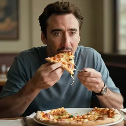cinematic still of nicolas cage eating a pizza