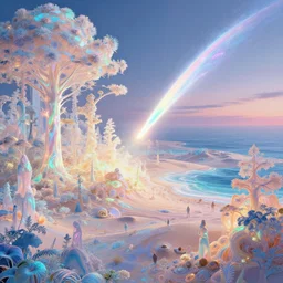 highly detailed holographic iridescent glowing ethereal sci fi world with forests, deserts, oceans, at dusk, by gilbert williams, by simon stalenhag, by beeple, by bruce pennington, by moebius, octane render, with many different pastel shades of blue pink orange yellow green, beautiful volumetric lighting, prismatic comet