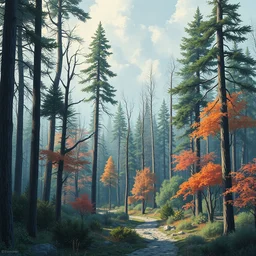 temperate forest biome. highly detailed, digital painting, watercolor, soviet realism, engraving, artstation, concept art, smooth, sharp focus, vivid grunge, manga, illustration, unreal engine 5, 8 k, art by bilibin and kuvshinov and malevich and mucha