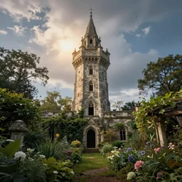 The abandoned wizard\'s tower in the overgrown garden.