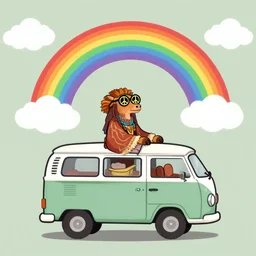 cartoon hippie wonderland, rainbows, muted pallet, tons of clouds, hippie riding in a van with peace symbol glasses on