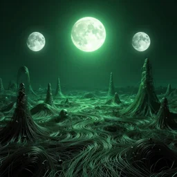 alien world made from wires, detailed landscape, intricate complexity, 3 bright moons, green glow, by greg rutkowski, artgerm, ross tran, conrad roset, takato yomamoto, ilya kuvshinov. 4 k, beautiful, cinematic dramatic atmosphere