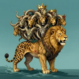 a beast coming out of the sea having ten horns and seven heads with ten crowns on its horns resembled a leopard but had feet like those of a bear and a mouth like that of a lion with one of the heads seeming to have had a fatal wound but the fatal wound had been healed