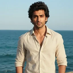 the handsome avan jogia, ocean background by alphonse mucha