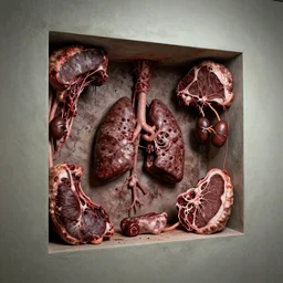 In the wall of a room one rectangular portal is opened to a new room, consisting of meat, veins, lungs, blisters, kidneys. Bodyhorror, wide angle shot, extremely high detail, 16k, 8k