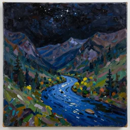 Realist colorful impasto painting of the Salmon River mountain valley at midnight by John Harris, stars in the inky black sky reflect on the darkest blue river surface, 4k scan, HDR, oil on canvas, visible brushstrokes